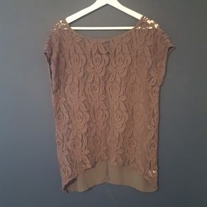 Grey short sleeve lace front top